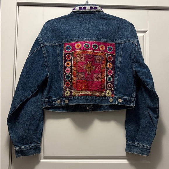 Upcycled Denim Embellished Handmade Jacket with Purple Accent Collar size M. - Picture 9 of 14